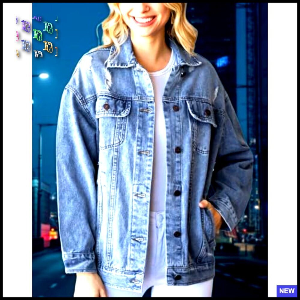 Oversized Denim Jacket Distressed Ripped Drop Shoulder Casual Coat Women's - Picture 5 of 7